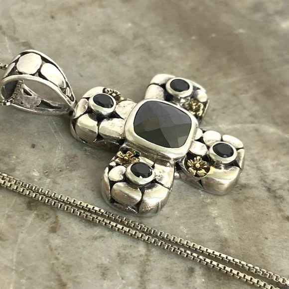 Sterling Silver 925 Black Tourmaline Glass Cross Pendant Necklace 18" Box Chain - Picture 12 of 16